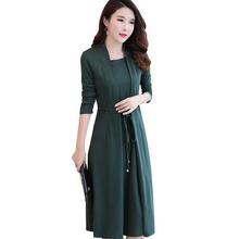 2019 vestido falso de dos mujeres Otoño de mediana edad madre delgada manga larga elegante medio pantorrilla verde vestidos de gran tamaño WF107 2024 - compra barato