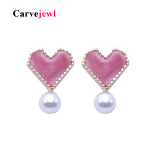 Carvejewl velvet heart stud earrings Korea design wine red pink color small cute imitation pearl earrings for women girl jewelry 2024 - buy cheap