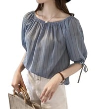 EFINNY Fashion Tops Women Summer Striped Slash Neck Loose Lantern Sleeve Chiffon Blouse Bowknot Casual Tops 2020 2024 - buy cheap