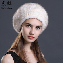 Winter Beret Hat For Women Knitted Hat Mink Fur Beret For Girl Solid Colors Fashion Lady Real Fur Cap Warm Winter Women'S Beret 2024 - buy cheap