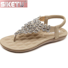 SIKETU shoes woman flat sandals PU The New summer Elastic band Rhinestone sandals Flower Bohemia Flat shoes drive Office 2024 - buy cheap