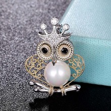 Zlxgirl high Metal cooper cubic zircon Crown owl Shape Brooch Fashion Women Girl clothing Scarf Suit Sweater pearl hijab pins 2024 - buy cheap