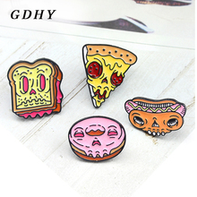 Gdhy esqueleto pizza donghnut broche de sanduíche cão quente broche punk esqueleto folha sobremesa comida pino esmaltado crachá de desenho animado joias de halloween 2024 - compre barato