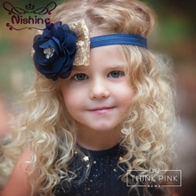Nishine 1PCS New Navy Chiffon Flower With Gold Sequin Bow Girls Headband Elastic Party Kids Headwear Photography Props 2024 - buy cheap