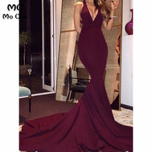 2019 Burgundy Mermaid Evening Dresses V-Neck Pageant Prom Dress Elastic Satin Cocktail Party Gown Women Evening Dresses 2024 - buy cheap