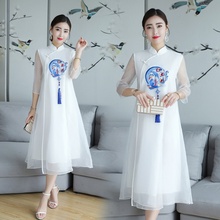 Vestido de Qipao de seda con cuello mandarín bordado de estilo chino para mujer Vintage vestido elegante Midi verano 2019 AA4775 2024 - compra barato