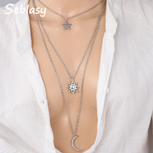 Seblasy классическое 3-слойное длинное ожерелье из сплава с кристаллами в форме звезды, подсолнуха, колье с кристаллом, ключицы ожерелья цепи для женщин 2024 - купить недорого