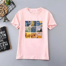 Camiseta Vintage de estilo divertido para mujer, remera rosa suave con pintura al óleo de Arte de Van Gogh, Camisetas estampadas de girasol de manga corta para mujer 2024 - compra barato
