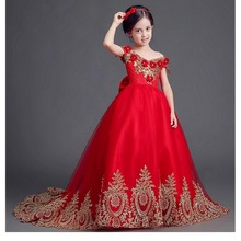 Exquisite Ball Gown Red Long Trailing Flower Girl Dresses for Weddings kids Elegant Gold Wire Birthday Pageant Dress Custom Made 2024 - buy cheap