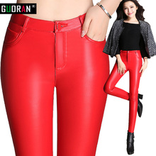 Женские кожаные брюки с высокой талией, леггинсы из искусственной кожи красного размера плюс, 2016 зимние теплые облегающие повседневные брюки-карандаш, женские брюки 2024 - купить недорого