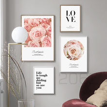 Póster nórdico de flor rosa para decoración del hogar, lienzo impreso con citas inspiradoras, cuadro de pared para sala de estar 2024 - compra barato