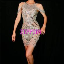 Sparkly silver crystal mesh dress women birthday celebrate sexy perspective dress stage dance costume one-piece mini short dress 2024 - buy cheap