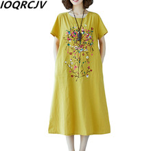 Summer New 2019 Women Cotton and Linen Floral embroidery Dress Elegant O Neck Short Sleeve Long Dresses Vestidos Plus Size Q442 2024 - buy cheap