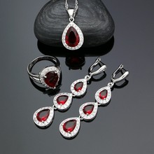 Conjuntos de joias de prata 925 para mulheres, brincos longos com pingente de anel, zircônia cúbica, cristal branco, água vermelha 2024 - compre barato