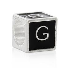 DoreenBeads European Style Charm Beads Cube Black Silver Color Alphabet"G"Carved Enamel About 7mm x7mm,Hole: 4.5mm,20 PCs 2024 - buy cheap