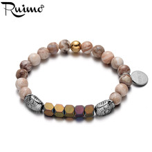 RUIMO Natural Ocean Stone Beaded Bracelet 316L Stainless Steel Skull Head Iron Pyrite Stone Beads Elastic Bracelets Men Jewelry 2024 - buy cheap