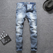 Jeans masculino estilo italiano, moda retrô, luz azul, elástico, algodão, rasgado, jeans, calça lápis, designer vintage, calças compridas 2024 - compre barato