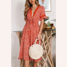 KHALEE YOSE Red Floral Print Long Women Dresses V-neck Button Front Short Sleeve Patchwork Red Vintage Beach Casual Midi Dress 2024 - buy cheap