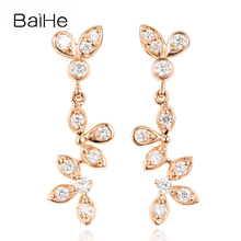 BAIHE Genuine Solid 14K Yellow Gold Sparkling Diamonds Earrings Women Anniversary Trendy Fine Jewelry Making Leaf Stud Earrings 2024 - buy cheap