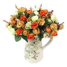 21 голова искусственный шелк Ткань розы цветы поддельные Листья Свадебный букет украшение дома оранжевый 2024 - купить недорого