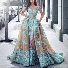 2019 Champagne Arabic Mermaid Prom Gowns with Detachable Train Chic Appliques V Neck Tulle Formal Party Dress Evening Gown 2024 - buy cheap