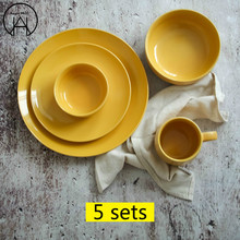 5 pçs amarelo cerâmica utensílios de mesa recipientes de comida tigela placa pratos placa de café da manhã plana cerâmica pratos pauzinhos lancheira 2024 - compre barato