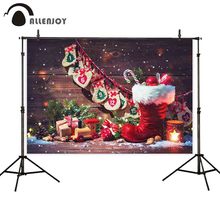 Allenjoy-Fondo para estudio fotográfico, botas de Navidad, regalo de madera y nieve, bastón de caramelo 2024 - compra barato