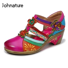 Johnature 2021 New Summer Genuine Leather Casual Hook & Loop Hand-painted Sewing Retro Flower Women Shoes Sandals 2024 - buy cheap