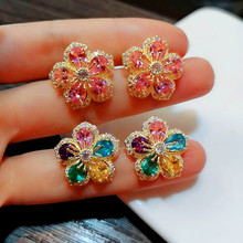 Boho Female Crystal Pink Rainbow Stone Earrings Gold Flower Plant Earrings Cute Wedding Jewelry Big Stud Earrings For Women 2024 - buy cheap