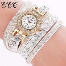 Ccq relógio com pulseira de couro feminino, relógio analógico feminino casual de liga de quartzo com strass 2024 - compre barato