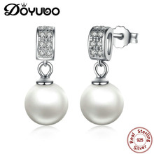 DOYUBO-pendientes colgantes de plata fina para mujer, aretes de perlas de imitación de 9MM, a la moda, 925, AFF001 2024 - compra barato