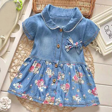 Casual Simple Floral Print Bowknot Toddler Dresses Baby Girls Short Sleeve Princess Denim Dresses Clothes verjaardag meisje 2024 - buy cheap