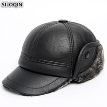 SILOQIN-Sombrero de orejeras de piel auténtica para hombre, gorros de béisbol de piel de vaca gruesa, terciopelo, antifrío, Invierno 2024 - compra barato