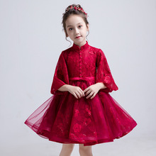 Vestido romántico con flores para niña, Nuevo rojo de encaje para fiesta de boda, vestidos formales de princesa para cumpleaños 2024 - compra barato