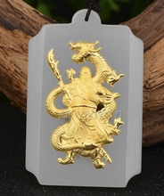 Wonderful Natural White Hetian Jade + 18K Solid Gold Chinese Dragon GuanGong Amulet Lucky Pendant + Free Necklace Fine Jewelry 2024 - buy cheap