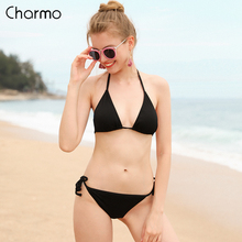 Charmo  Women Bikini Low Waist Swimsuit Solid Color Halter Swimwear Bandage Bikini Set Sexy Bathing Suit retro vintage beachwear 2024 - buy cheap