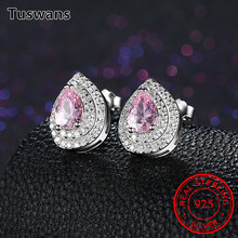 Fashion 925 Sterling Silver Water Drop Shape Austrian Crystal Pink Stud Earrings with Clear Zircon Earrings Jewelry for Women 2024 - buy cheap