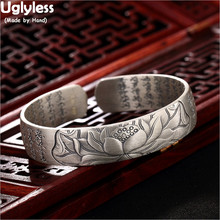 Uglyless Buddhism Heart Sutra Wide Bangles for Women Real 99.9% Full Silver Lotus Open Bangles Religious Gifts Thai Silver Jewel 2024 - buy cheap