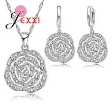 Elegant Romance Woman Favorite Rose Pendant Necklace Earrings Fashion Clear Zircon Rhinestone Sterling Silver Jewelry Set 2024 - buy cheap