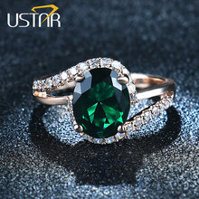 USTAR Oval Green 2.0ct CZ Crystals wedding rings for women  AAA Zircon Rose Gold Color engagement rings female anel bague femme 2024 - buy cheap