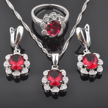 Conjunto de joyería de Color plateado para mujer, collar de boda, pendiente, anillo, conjunto de cristal de circonita roja, QZ0402 2024 - compra barato