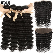 STYLEICON Peruvian Deep Wave Frontal and Bundles 3 Deep Wave Bundles with Frontal Non-Remy Hair Bundles with Frontal Deep Wave 2024 - buy cheap