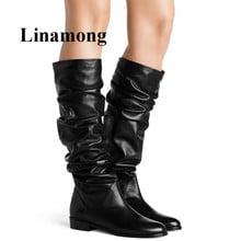 Top Sell Fashion Plested Flats Black Knee-High Round Toe Autumn And Winter Women Boots Newest Ladoes Shoes Normal Size 2024 - buy cheap