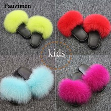 Real Fox Hair Slippers Kids Fur Home Fluffy Sliders Winter Plush Furry Summer Flats Sweet Baby Shoes Large Size 35 Pantufas 2024 - buy cheap