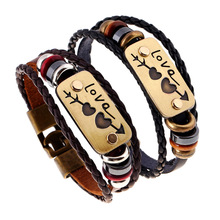 Pulseira de couro masculina e feminina, bracelete de tecido multicamadas com corações, acessório de joia para presente 2024 - compre barato