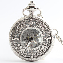 Free shipping Antique Silver Hollowed  Skeleton  Mechanical Pocket Watch Luxury Men's Pocket  Watch With Chain Large Stock 2024 - buy cheap