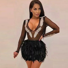 Exquisite Feather Crystal Embellished Bandage Black Dress Long Sleeve Beading Sheer Mesh Patchwork V Neck Mini Bodycon Dress 2024 - buy cheap