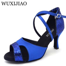 WUXIJIAO New Satin and Flash Cloth Ballroom Party Dance Shoes blue Latin Dance Shoes Woman Salsa Heel 6/7.5/8.5/10cm 2024 - buy cheap