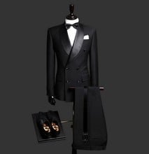 Double-Breasted Groomsmen Shawl Satin Lapel Groom Tuxedos Black Men Suits Wedding Best Man (Jacket+Pants+Tie+Hankerchief) B917 2024 - buy cheap