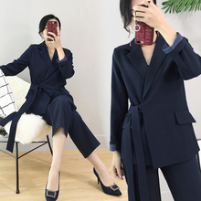 Conjunto de 2 piezas para mujer, traje pequeño informal de manga larga con corbata suelta, pantalones de pierna ancha de nueve puntos, elegante 2024 - compra barato